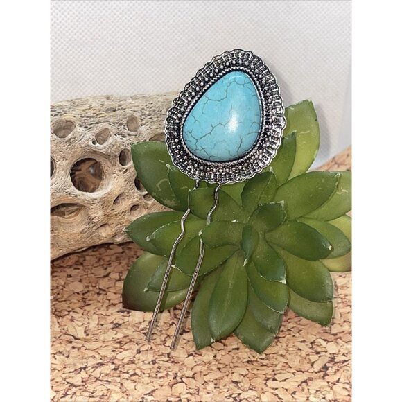WESTERN Blue TURQUOISE HAIR PIN Clip Silver Southwest Comb Barrette LARGE - Picture 1 of 9